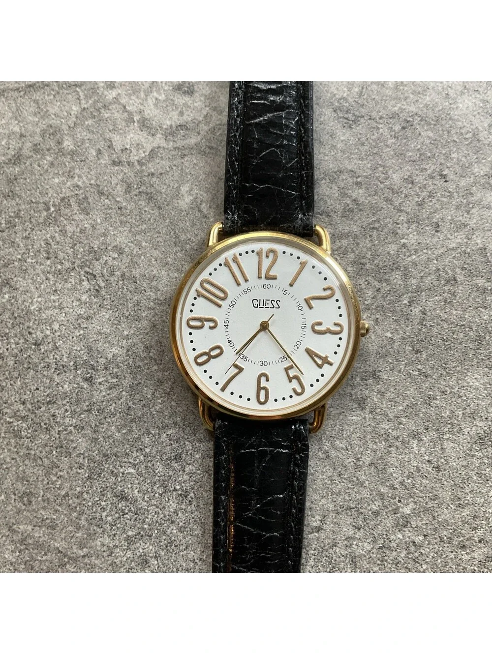 Vintage Guess Unisex Watch 40mm Gold Tone Case White Dial Black Leather Band A5